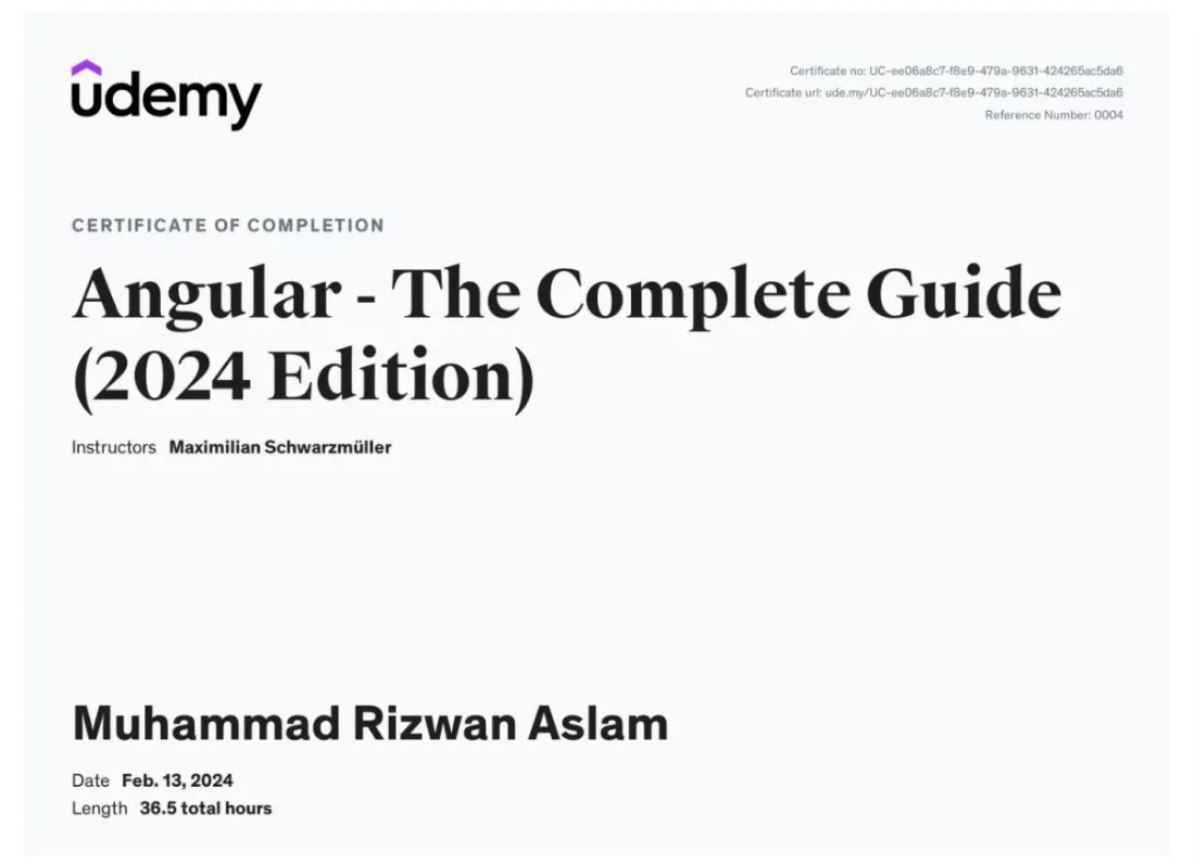 Angular: The Complete Guide (2024 Edition), certificate of completion from Udemy, 13 Feb 2024