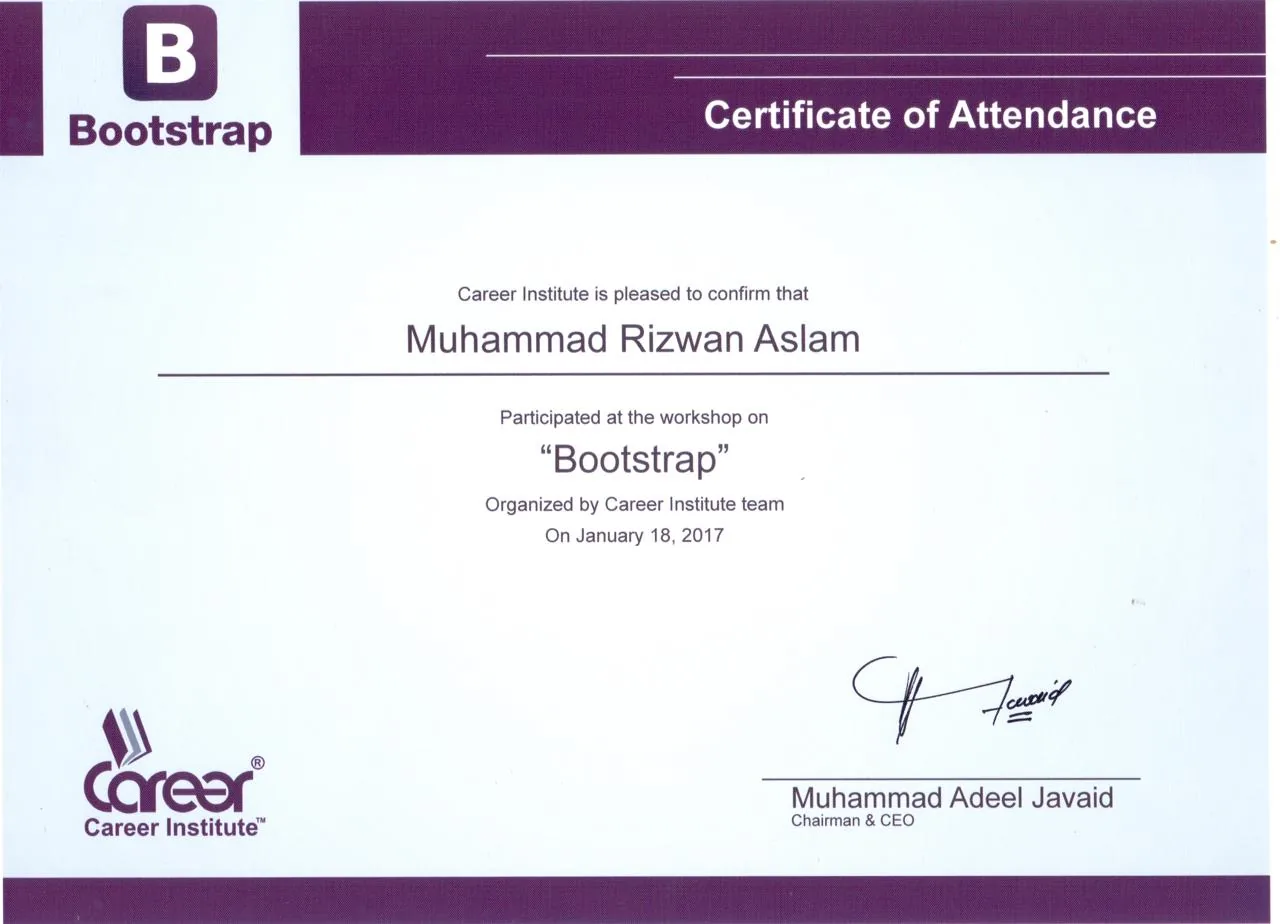 Bootstrap workshop, certificate of attendance from Career Institute, 18 Jan 2017