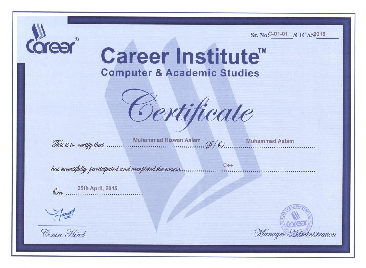 C++, course certificate from Career Institute, Computer & Academic Studies, 25 Apr 2015