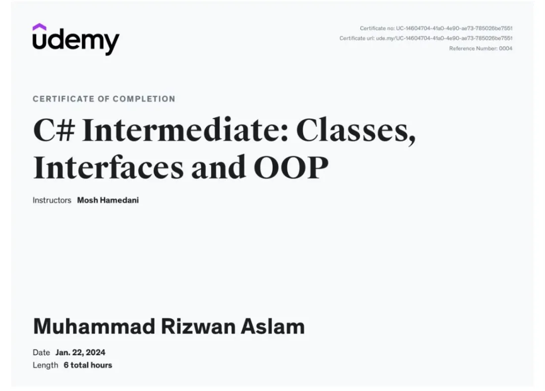 C# Intermediate: Classes, Interfaces and OOP, certificate of completion from Udemy, 22 Jan 2024