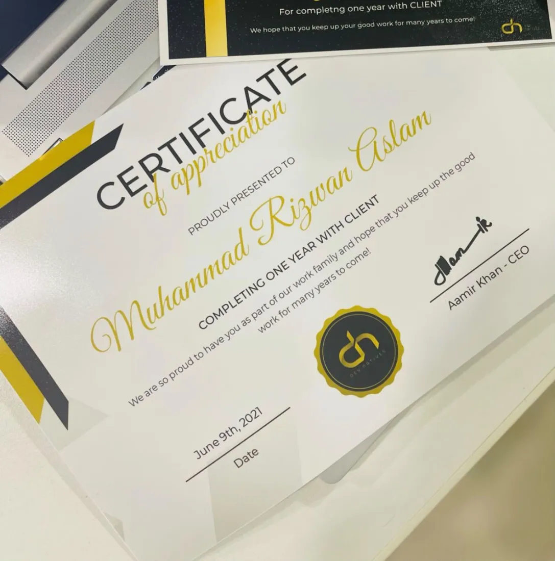 Certificate of Appreciation from Devnatives, one year with a client, June 9, 2021