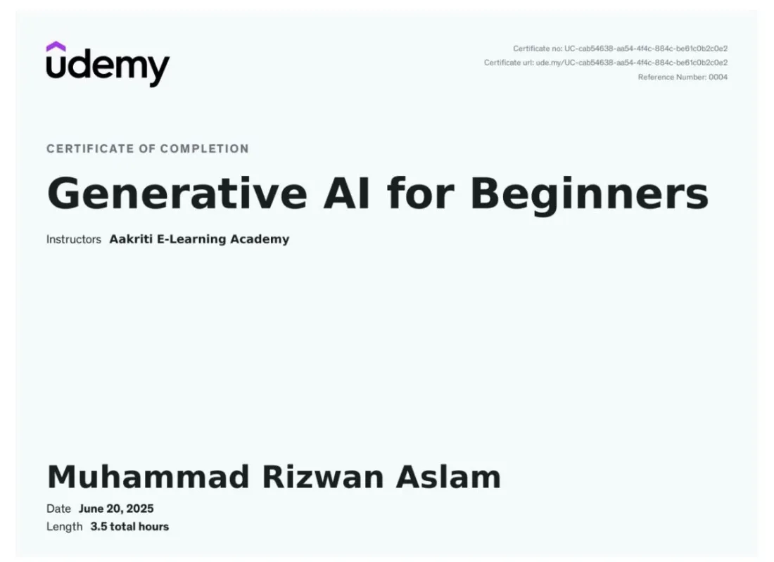 Generative AI for Beginners, certificate of completion from Udemy, 20 Jun 2025