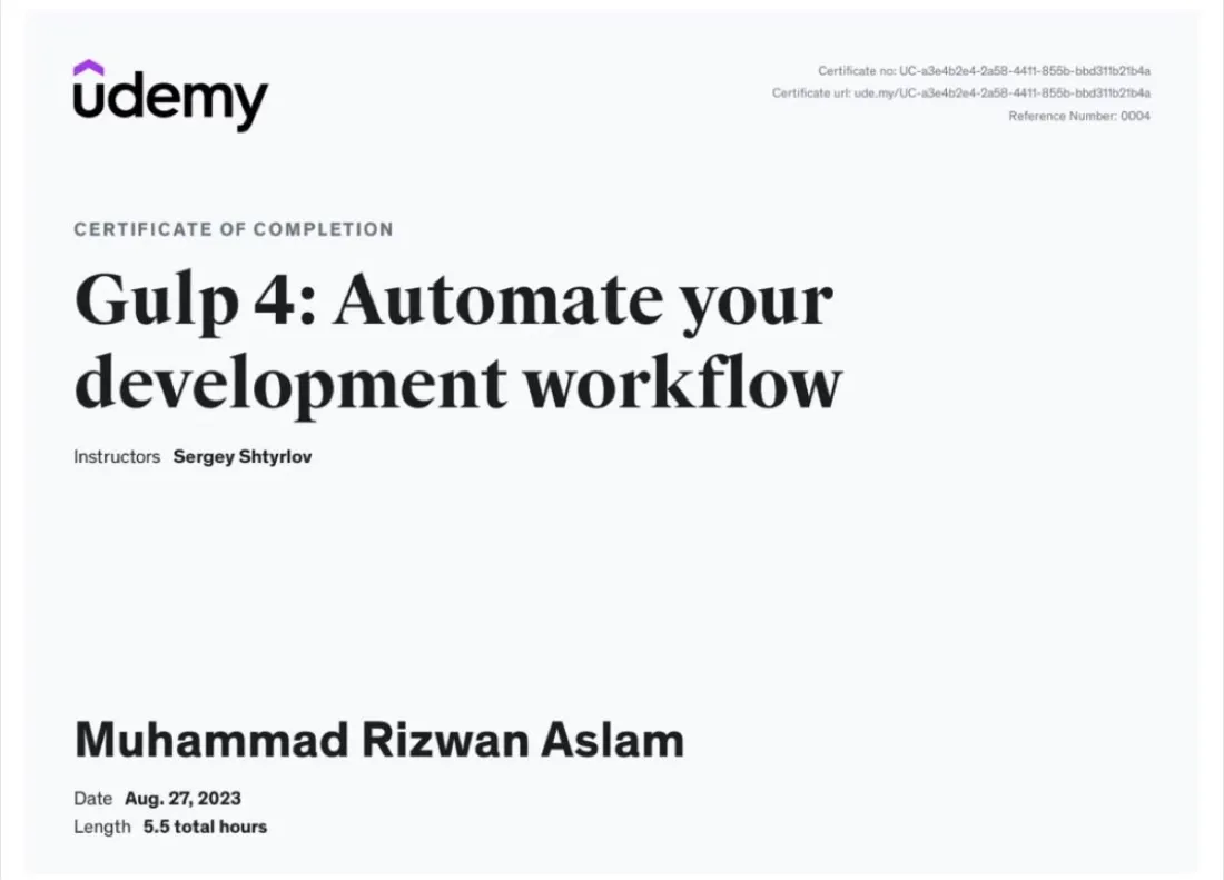 Gulp 4: Automate Your Development Workflow, certificate of completion from Udemy, 27 Aug 2023