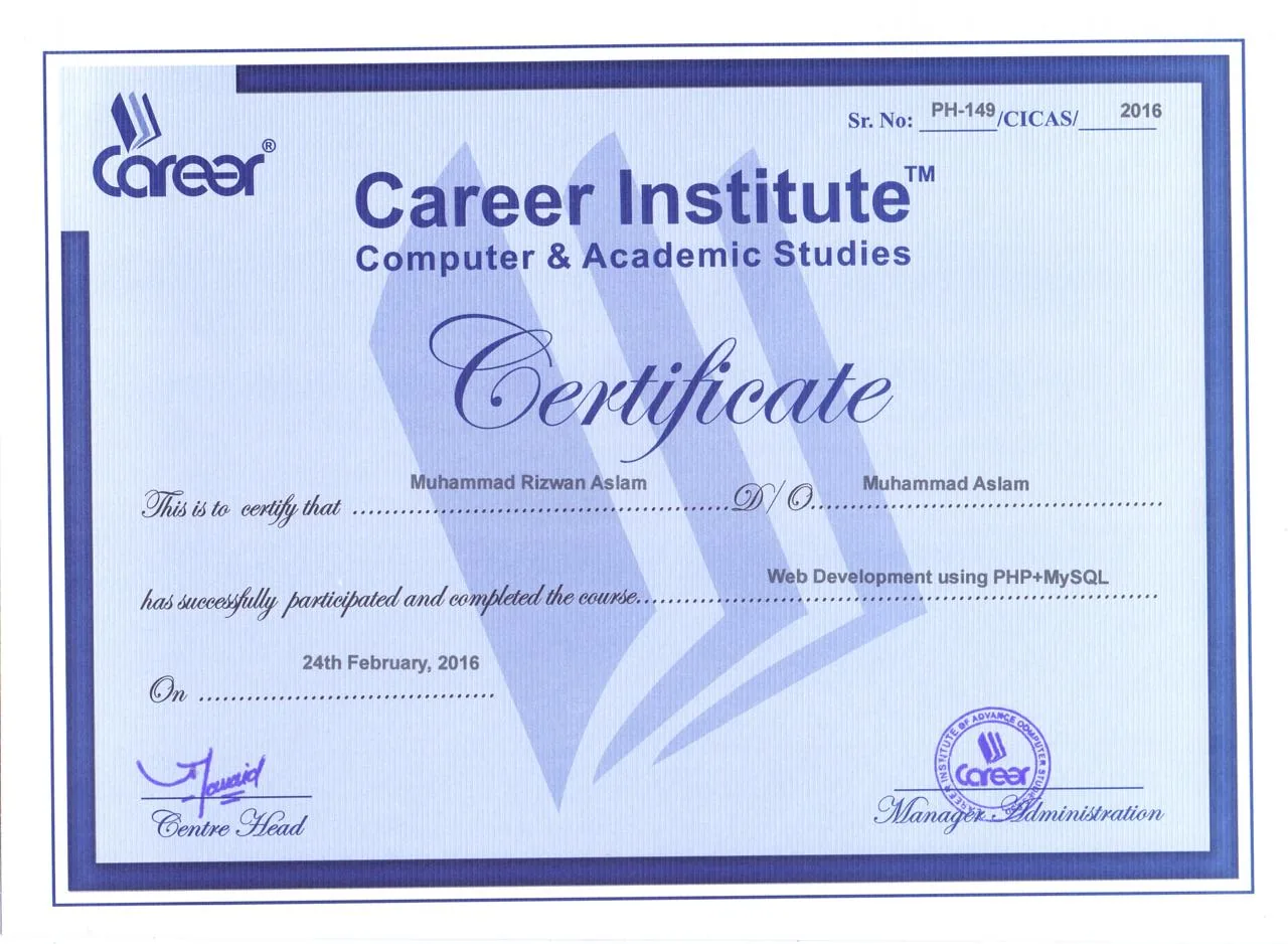 Web Development using PHP + MySQL, course certificate from Career Institute, Computer & Academic Studies, 24 Feb 2016