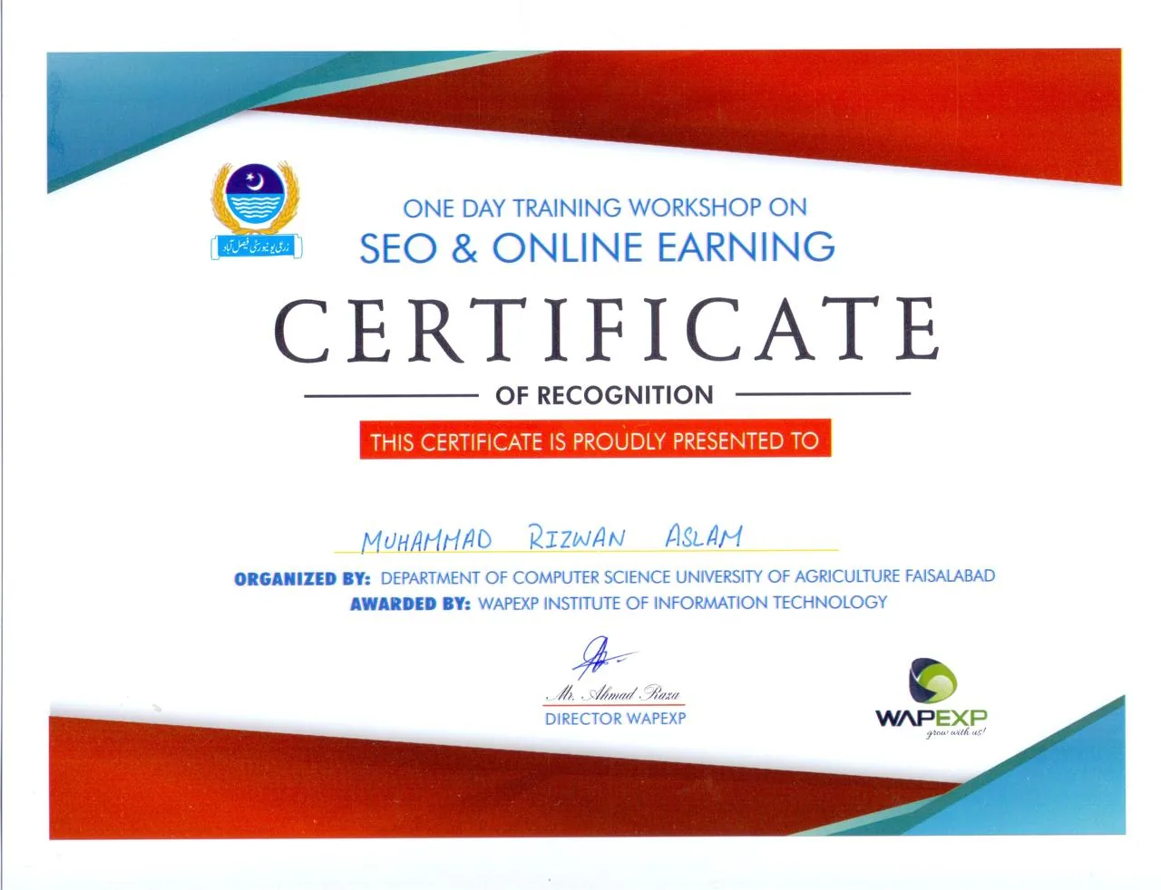 SEO & Online Earning, one-day training workshop, certificate of recognition from University of Agriculture Faisalabad (Dept. of Computer Science) · WAPEXP