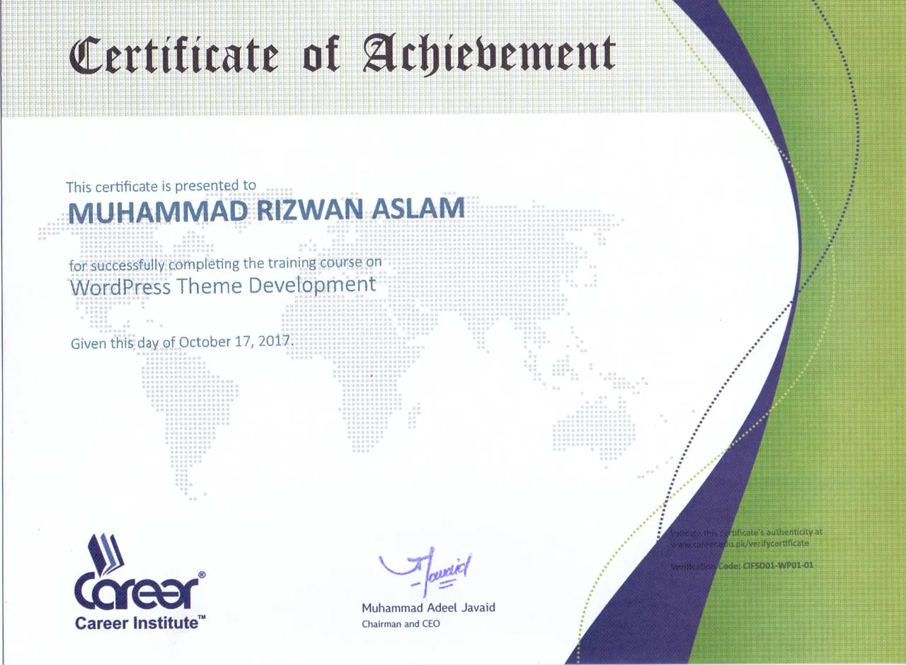 WordPress Theme Development, certificate of achievement from Career Institute, 17 Oct 2017