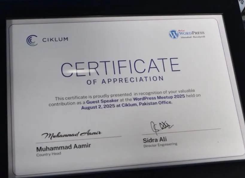 Certificate of Appreciation, Guest Speaker, WordPress Meetup 2025, August 2, 2025