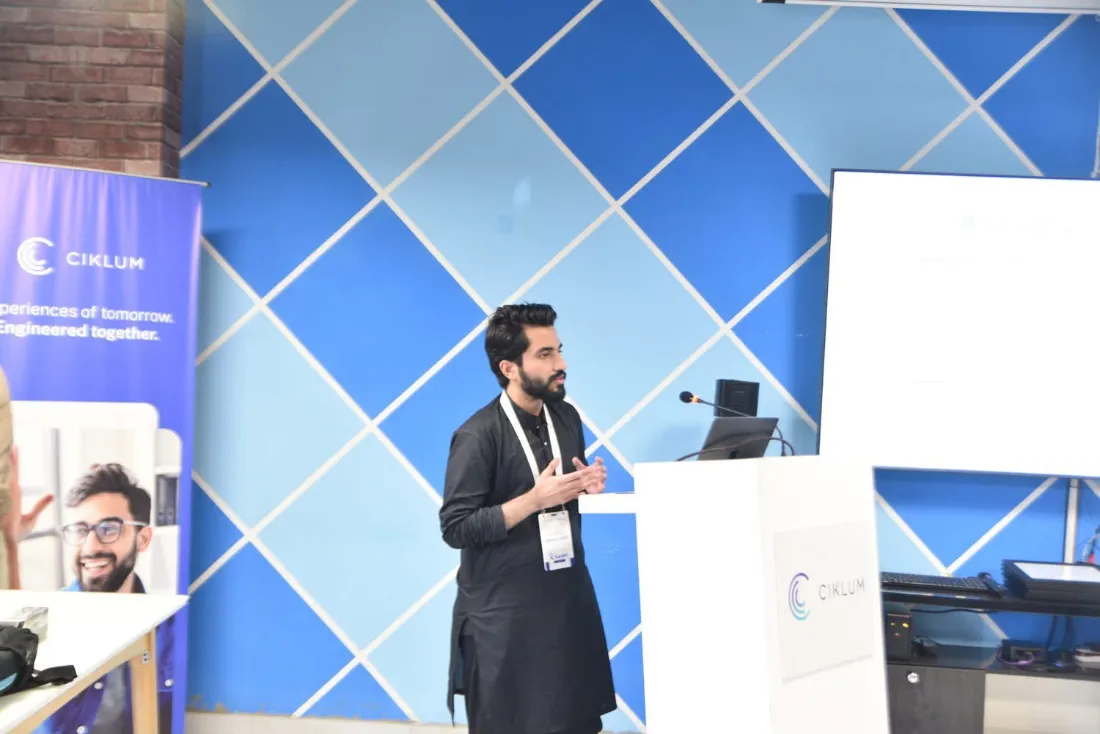 Rizwan speaking at the WordPress Meetup 2025 at Ciklum Pakistan