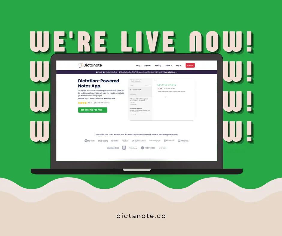 Dictanote website shown on desktop and mobile, built with Hugo