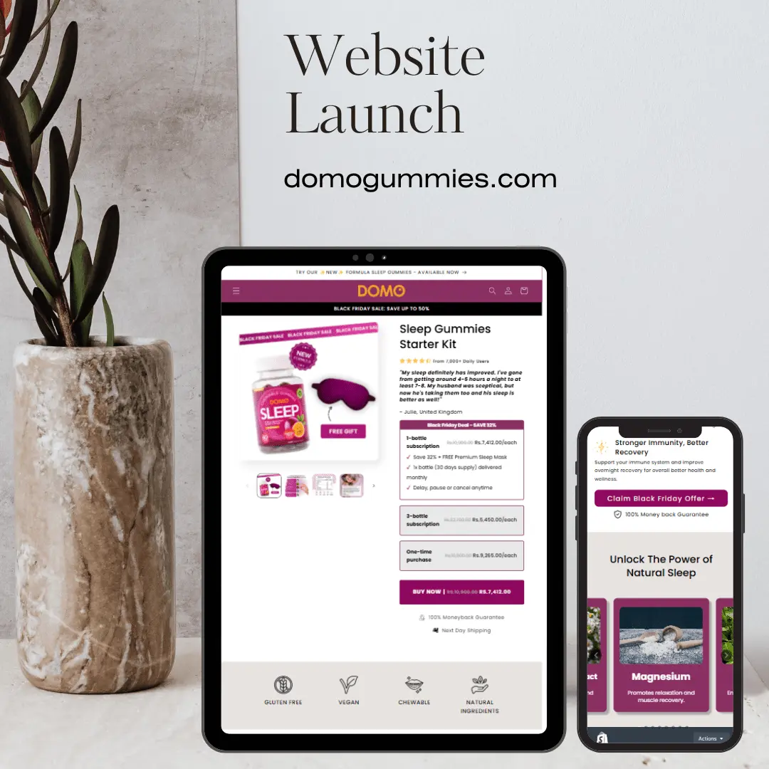 Domo Gummies website shown on desktop and mobile, built with Shopify