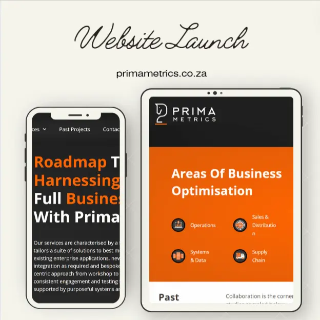 Prima Metrics website shown on desktop and mobile, built with WordPress