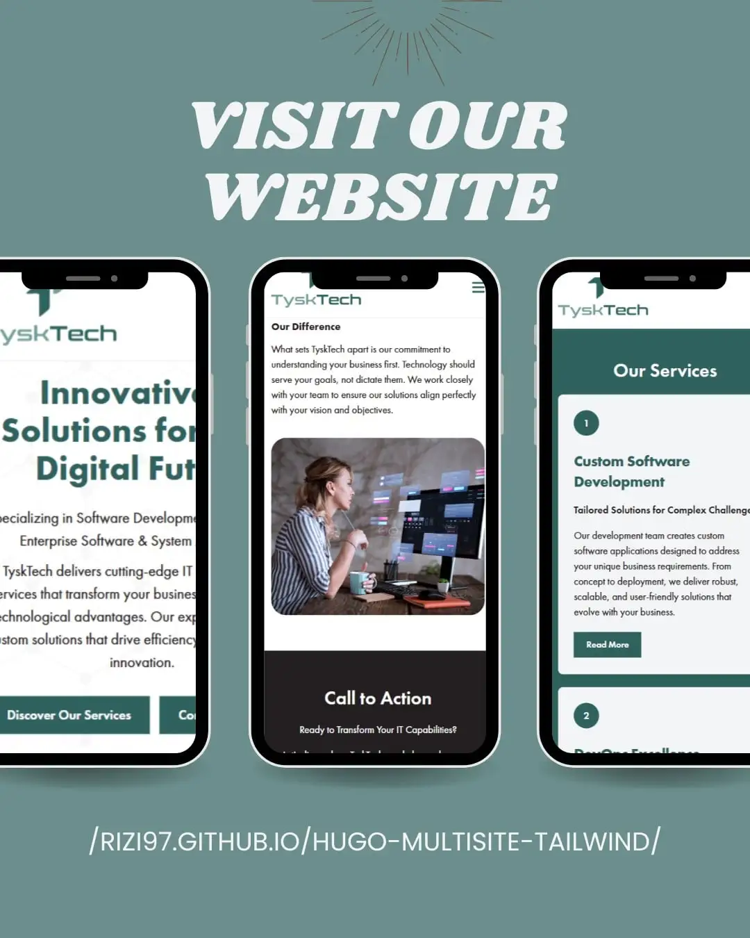 TyskTech website shown on desktop and mobile, built with Hugo