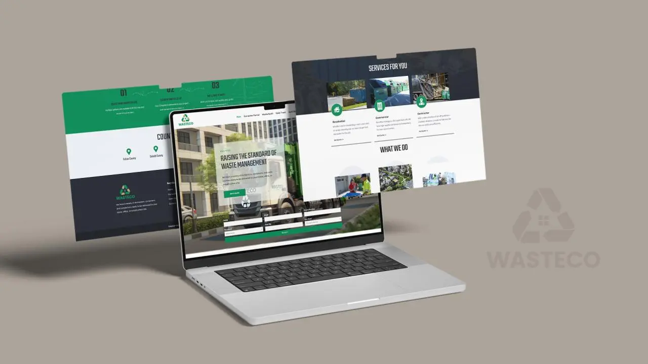 WasteCo website shown on desktop and mobile, built with WordPress