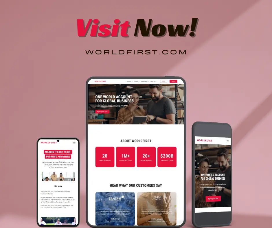 WorldFirst website shown on desktop and mobile, built with WordPress